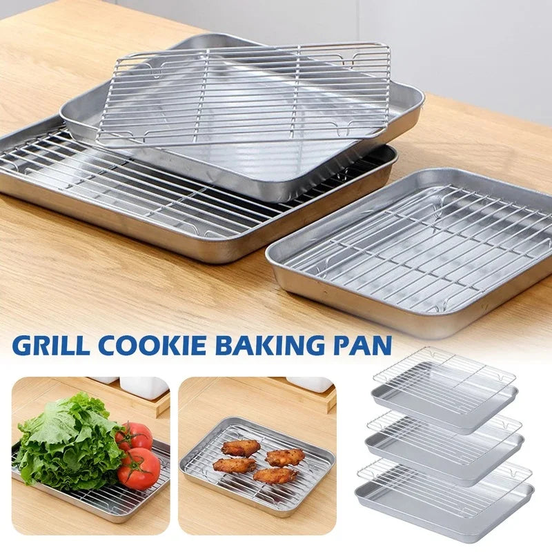 Stainless Steel Baking Tray With Wire Rack Oven Roasting Pan For Cake Brownie BBQ Grilling Multifunctional Cooking Tool